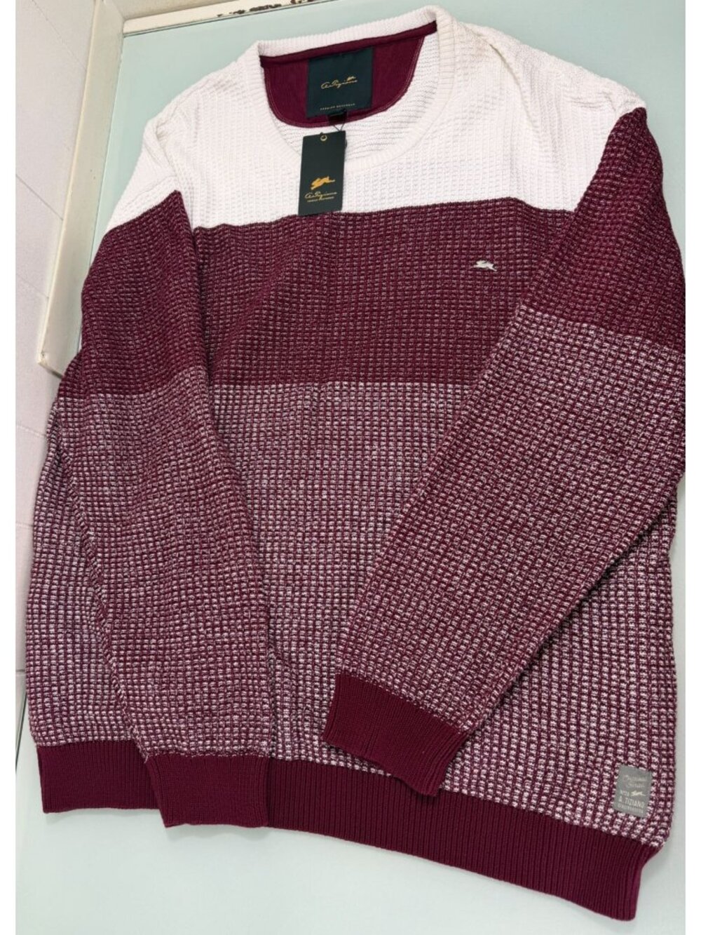 A. Tiziano Knit Sweater Mens 5XL Color Block Maroon White Pullover Crewneck NWT